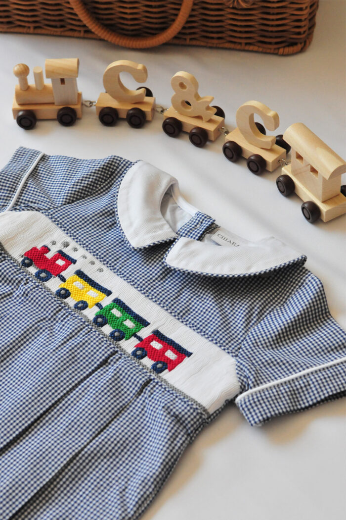 Blue Gingham Hand-Smocked Train Romper