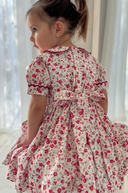 Cherry Red Floral Hand Smocked Dress