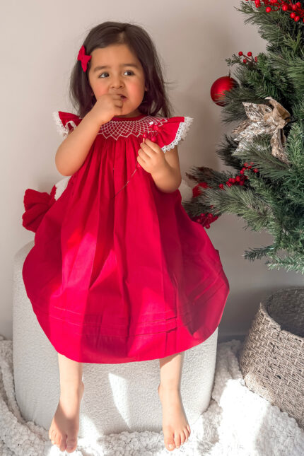 Red Hand Smocked Bishop Dress